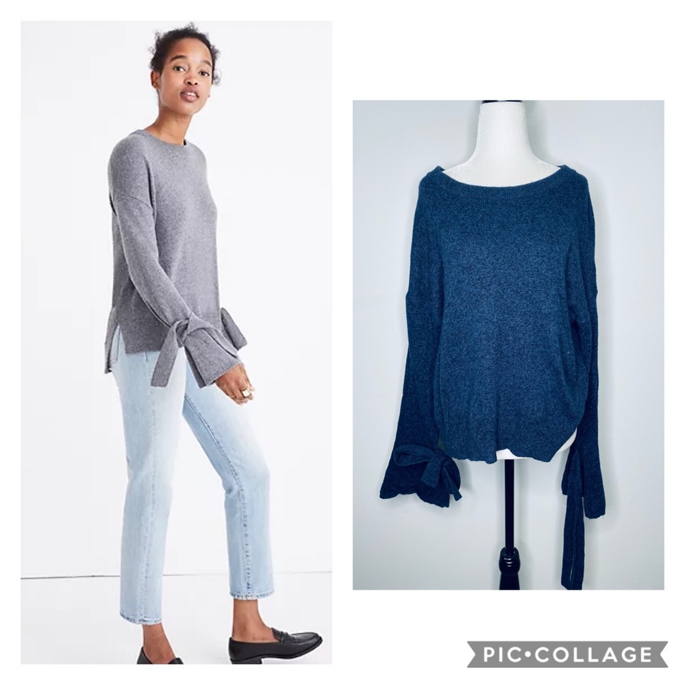 Madewell Tie Cuff Pullover Sweater in Blue Medium